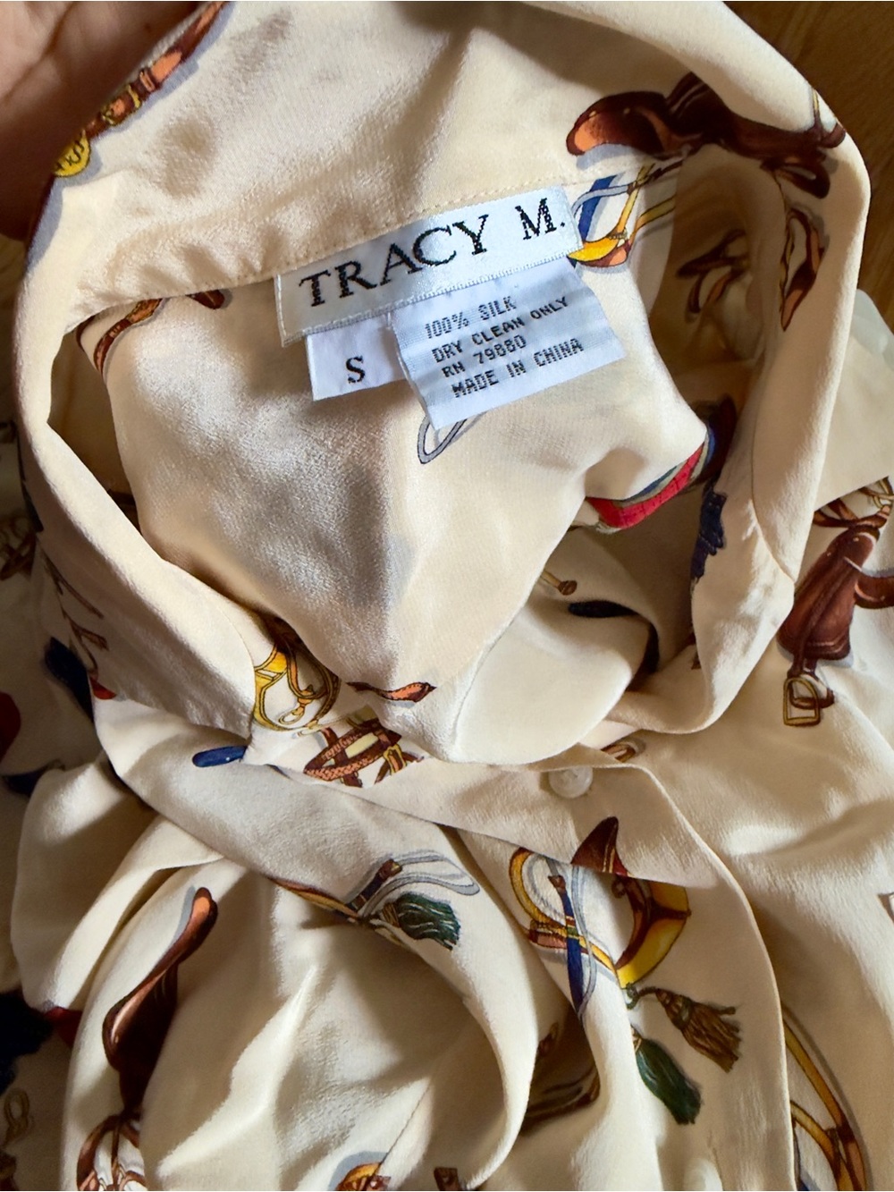 Tracy M. Cream Silk Blouse with Multicolor Equestrian Print
